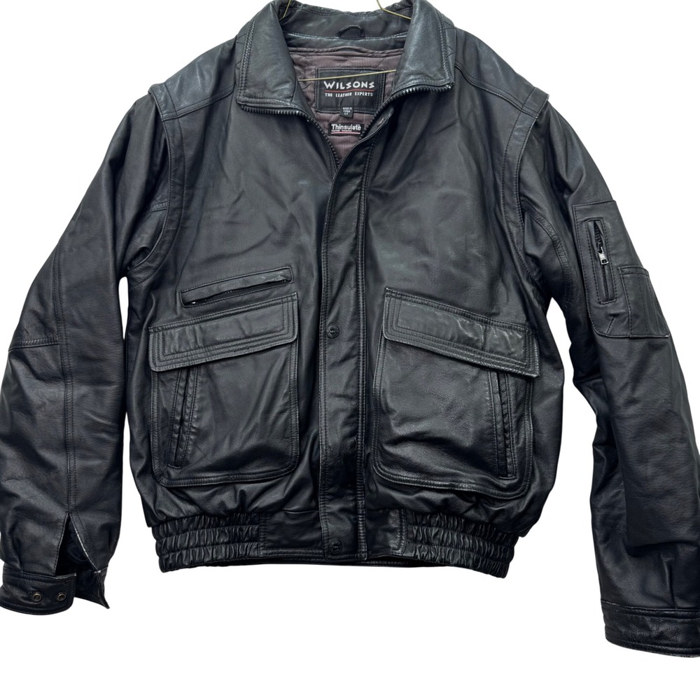 Wilsons Leather Bomber Jacket Mens LT Black Moto Aviator Coat Heavy Full Zip